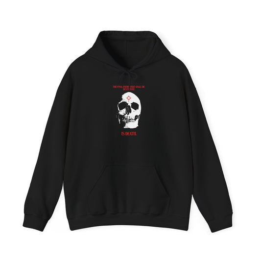 Rewrite: “The Final Enemy That Shall Be Destroyed (1 Cor 15:26) | Skull in Cross Crosshairs | Gothic Style Orthodox Christian Hoodie in black features a bold white skull graphic marked by a red crosshair, along with powerful red lettering above and below—an edgy design that serves as a striking reminder of Christ risen and the triumph of faith.”.