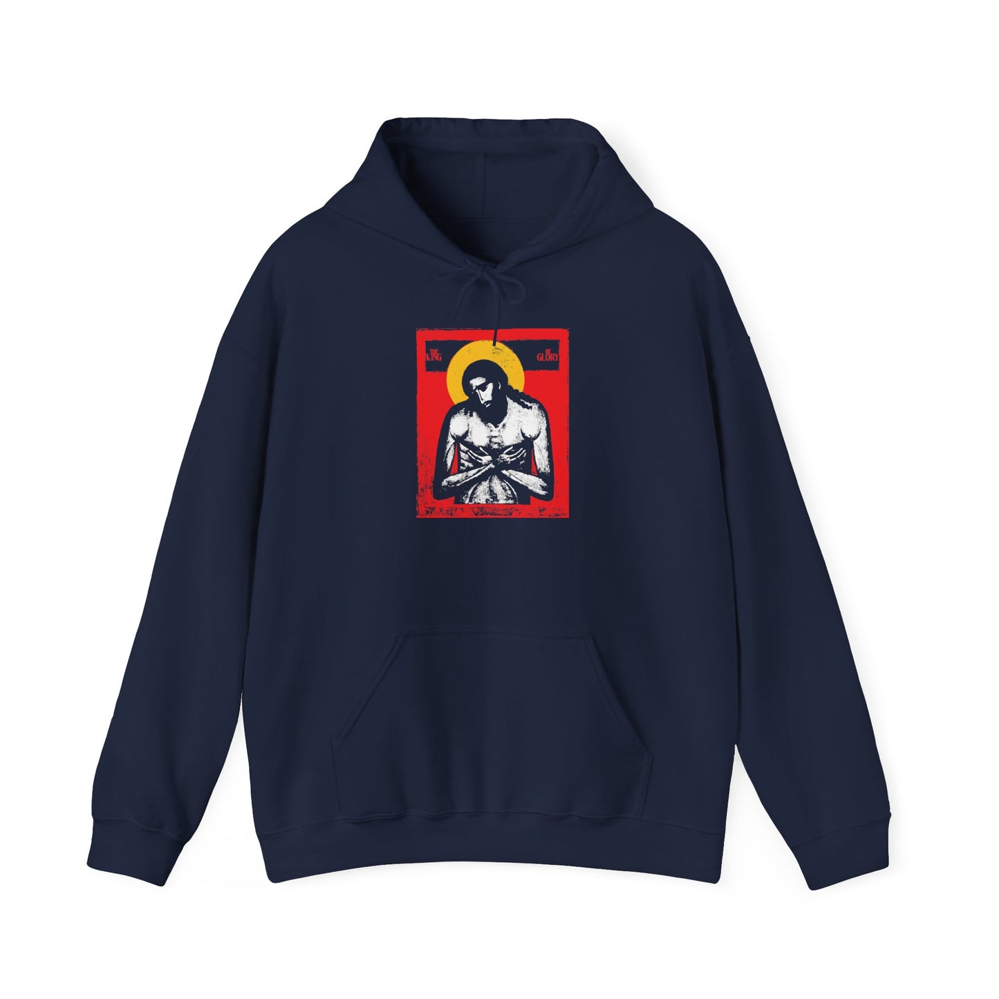 Navy “The King of Glory Jesus Christ ‘Extreme Humility’ IconoGraphic” hoodie, showcasing stylized religious icon art of a haloed figure on the chest with a red background, inspired by Isaiah 53 and the story of Jesus Christ—features bold red, yellow, white, and black colors for Christian devotion.