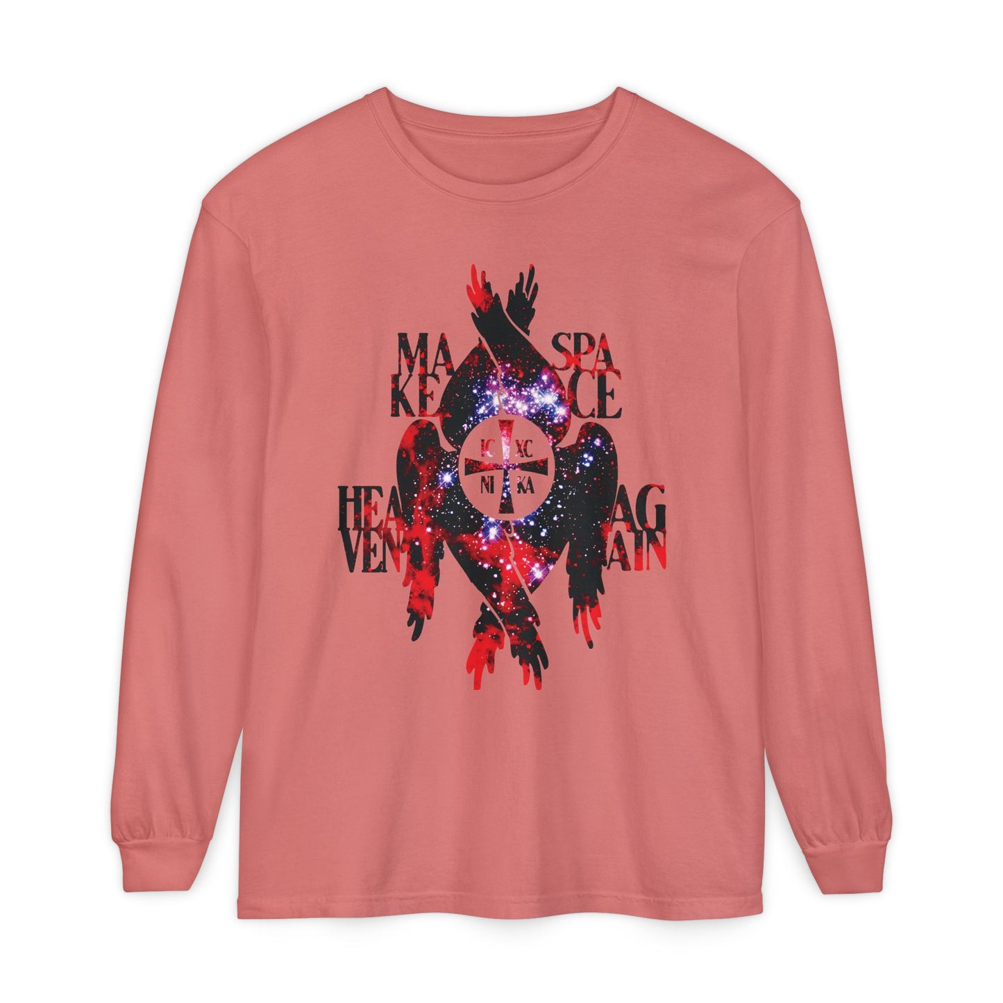 Watermelon long sleeve shirt featuring a textured ICXC NIKA cross, seraphim wings, bold text, and a cosmic vibe—Orthodox Christian-inspired "Make Space Heaven Again" design.