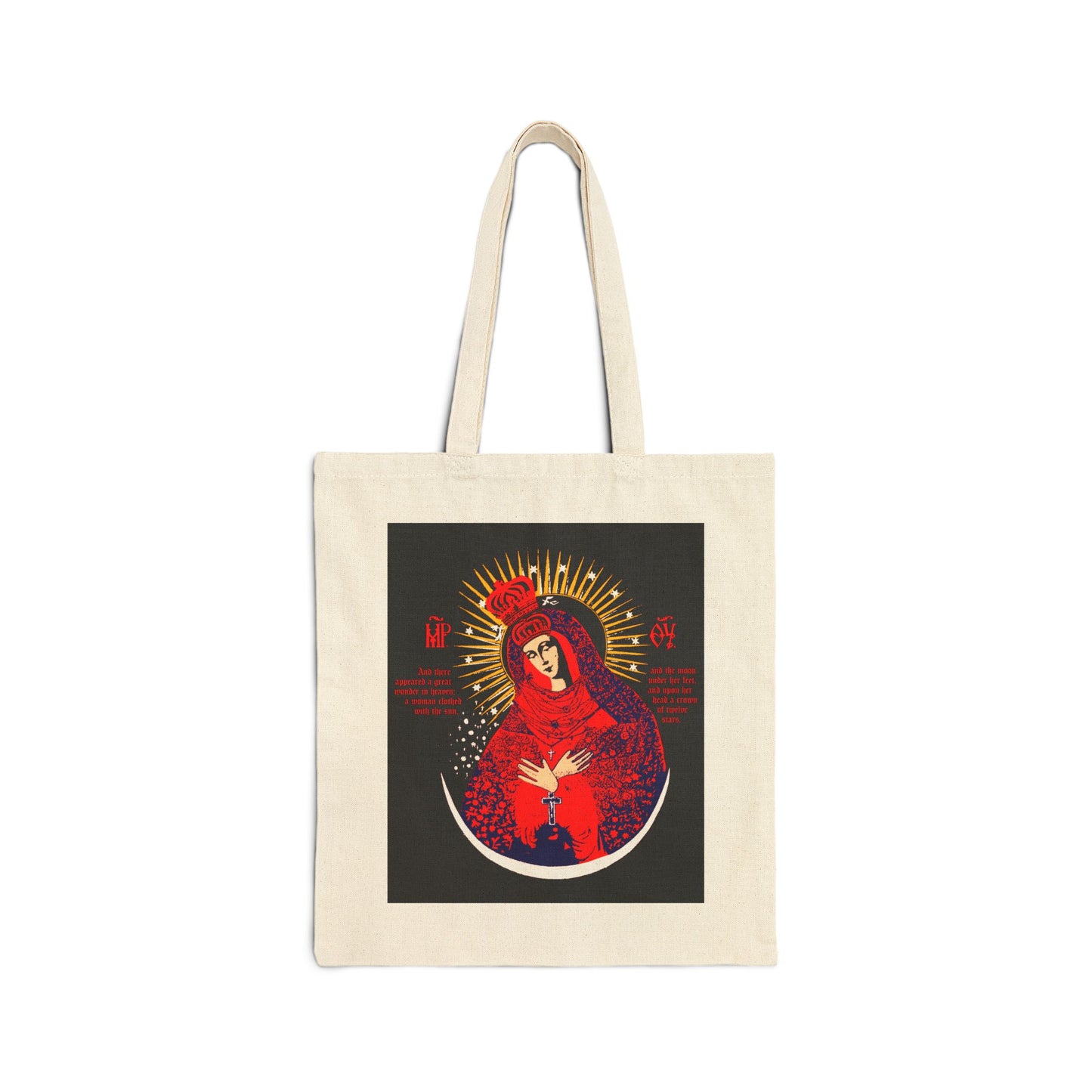 Natural tote bag featuring the "Our Lady the Gate of Dawn Icono-Graphic"—Theotokos Crowned, Woman of the Apocalypse—in bold red, blue, and gold tones. An Orthodox Christian design inspired by a renowned icon.