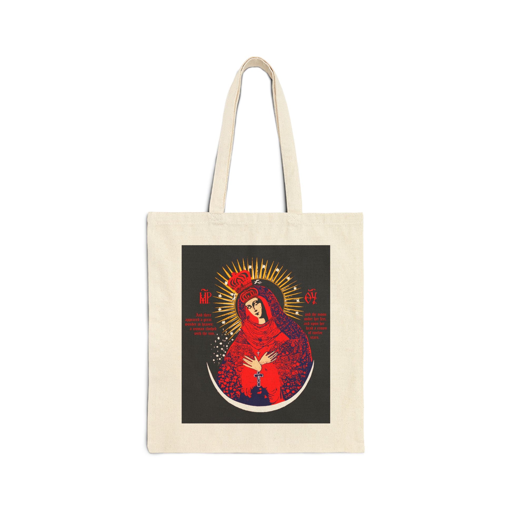 Natural tote bag featuring the "Our Lady the Gate of Dawn Icono-Graphic"—Theotokos Crowned, Woman of the Apocalypse—in bold red, blue, and gold tones. An Orthodox Christian design inspired by a renowned icon.
