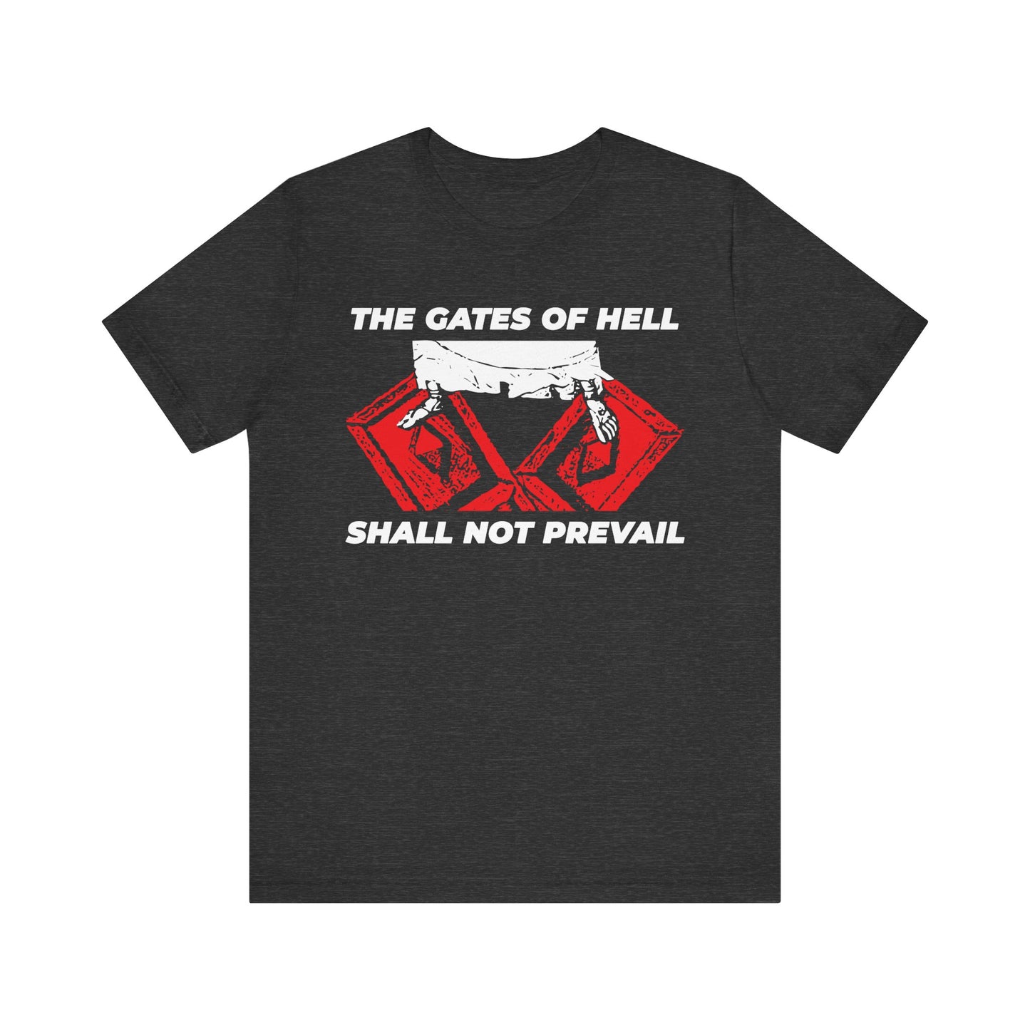 Dark Grey Heather t-shirt featuring the IconoGraphic "The Gates of Hell Shall Not Prevail" with an image of Jesus' feet trampling the gates of death, inspired by the Orthodox Christian confession that even the gates of hades cannot overcome the house of God. Made from lightweight cotton, this unisex shirt expresses steadfast faith and victory in Christ.