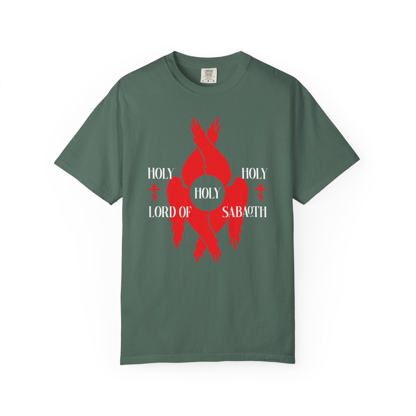 Blue Spruce heavyweight cotton tee with red seraphim wings, Orthodox crosses, and “HOLY HOLY HOLY LORD OF SABAOTH” inspired by Isaiah 6:3 and the Divine Council—based on the Liturgy of St John Chrysostom.
