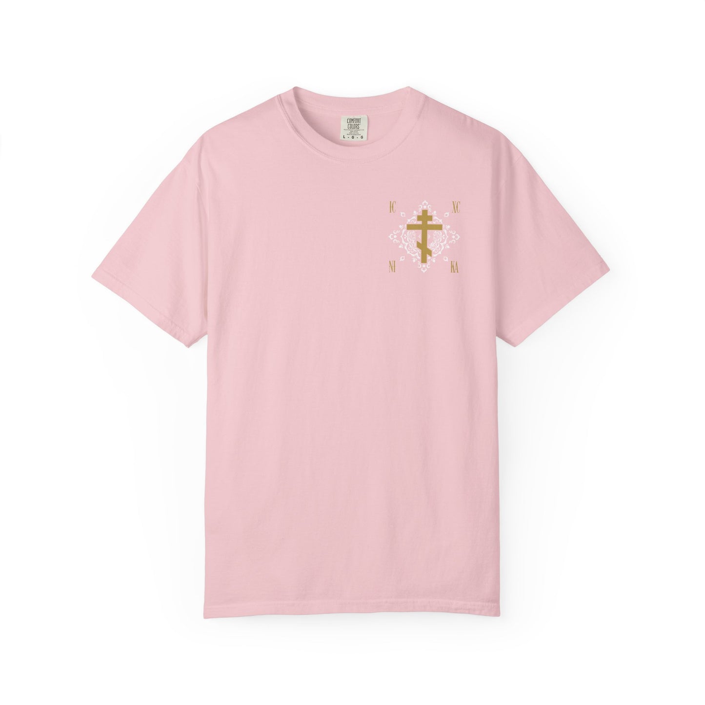 Blossom heavyweight cotton unisex t-shirt featuring a gold Orthodox Cross ICXC NIKA (small design) with a white medieval ornate floral pattern on the left chest, symbolizing “Jesus Christ Conquers.”.
