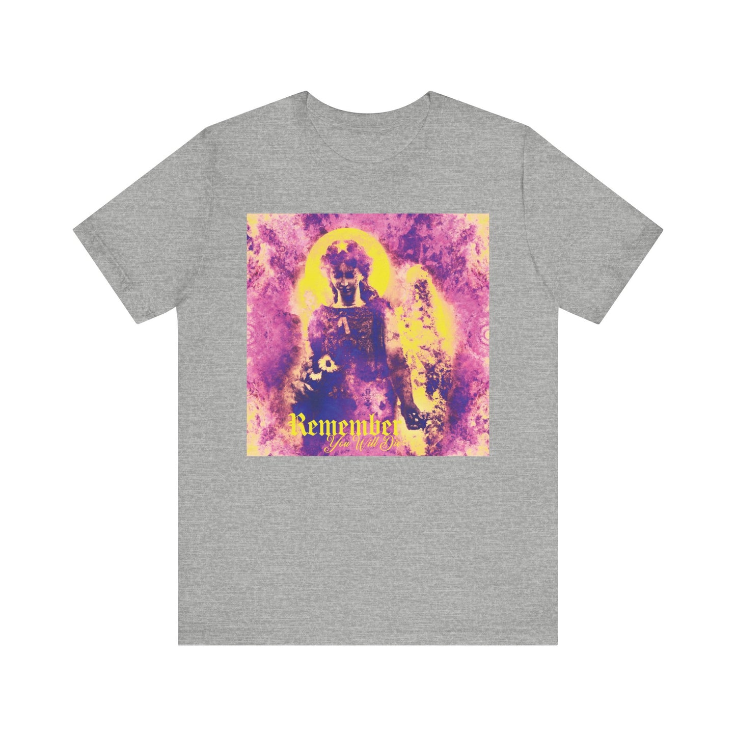 Athletic Heather t-shirt featuring a pastel goth psychedelic cemetery angel graphic and the text "Remember You Will Die" on the front—a unique Orthodox Christian lightweight cotton tee that offers a striking reminder of life’s fragility and faith.