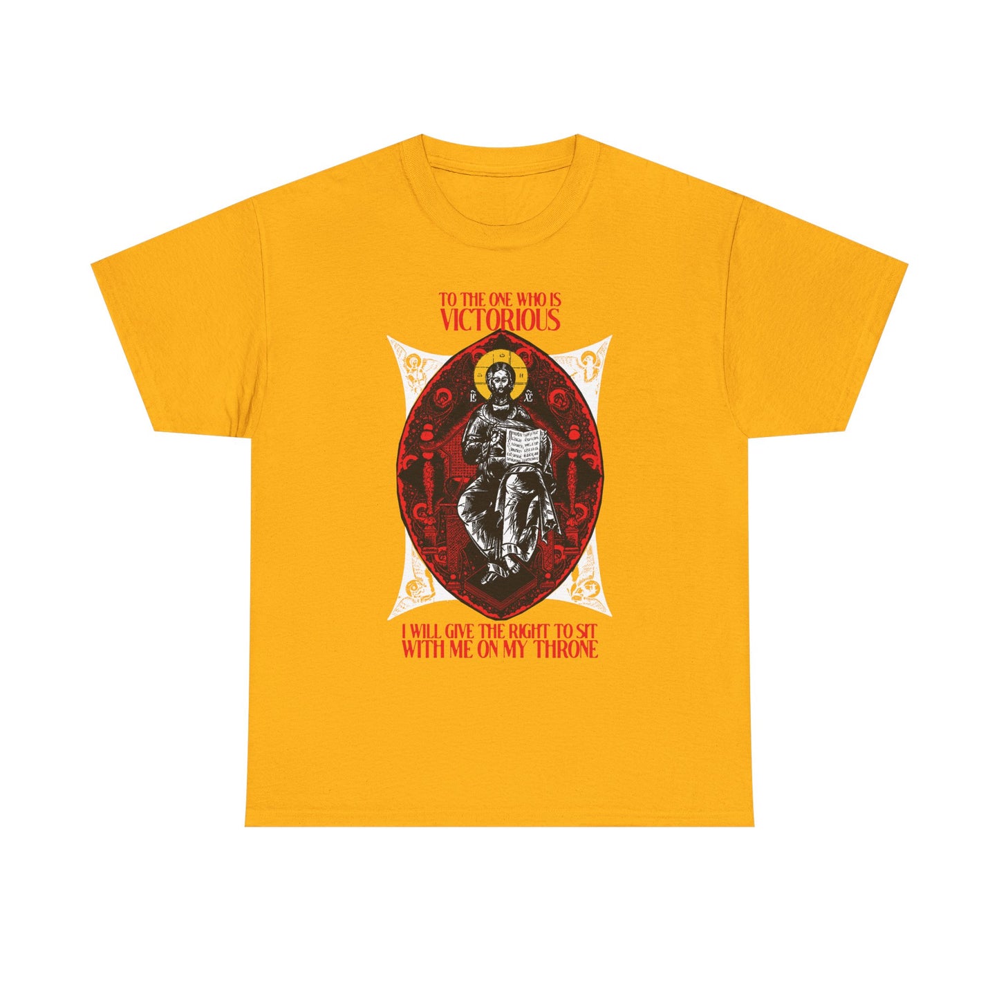 Gold “Christ is King, Enthroned In Glory IconoGraphic” Orthodox Christian tee featuring a crowned figure and “To the One Who Is Victorious (Rev 3:21),” symbolizing the promise to reign with Christ.