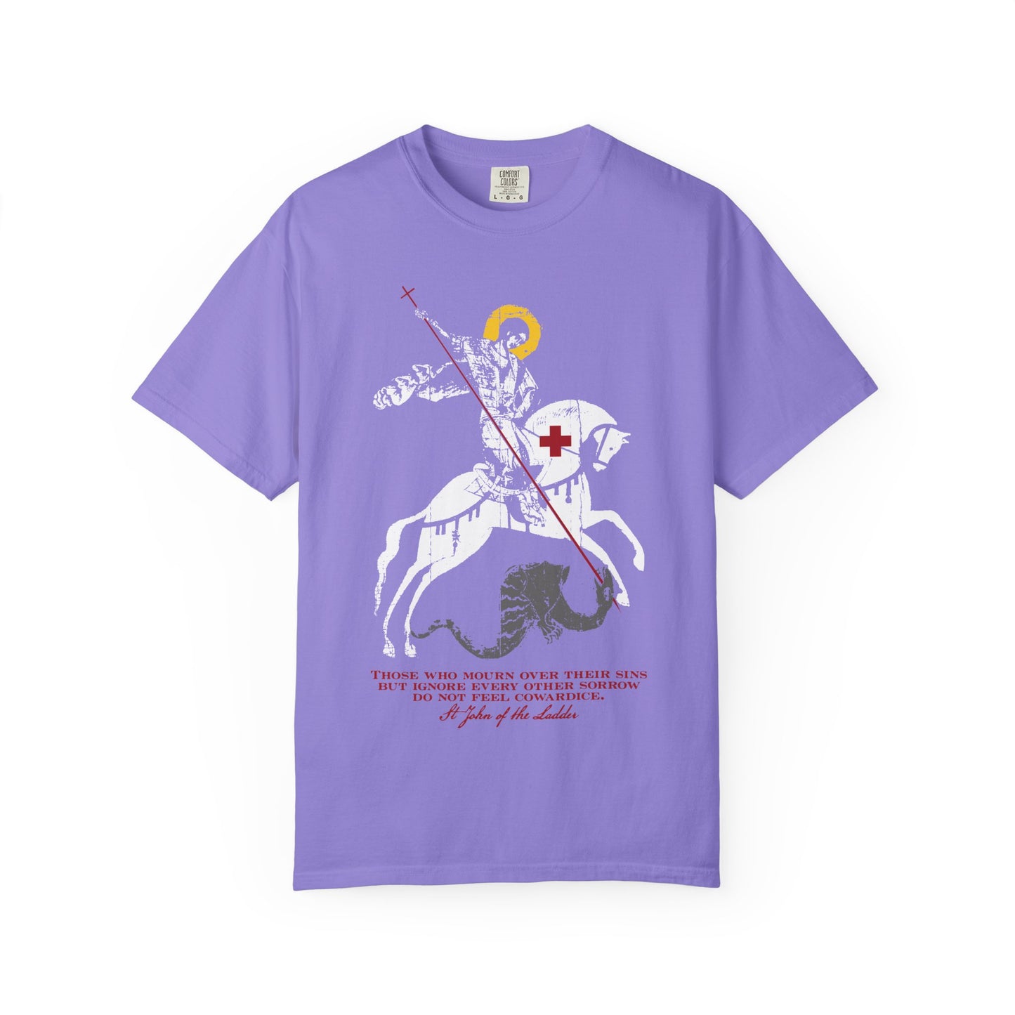 Violet “Those Who Mourn Over Their Sins” heavyweight cotton tee featuring a graphic icon of St George slaying the dragon, with red text beneath inspired by St John Climacus and his reflections on the sorrow of the soul.