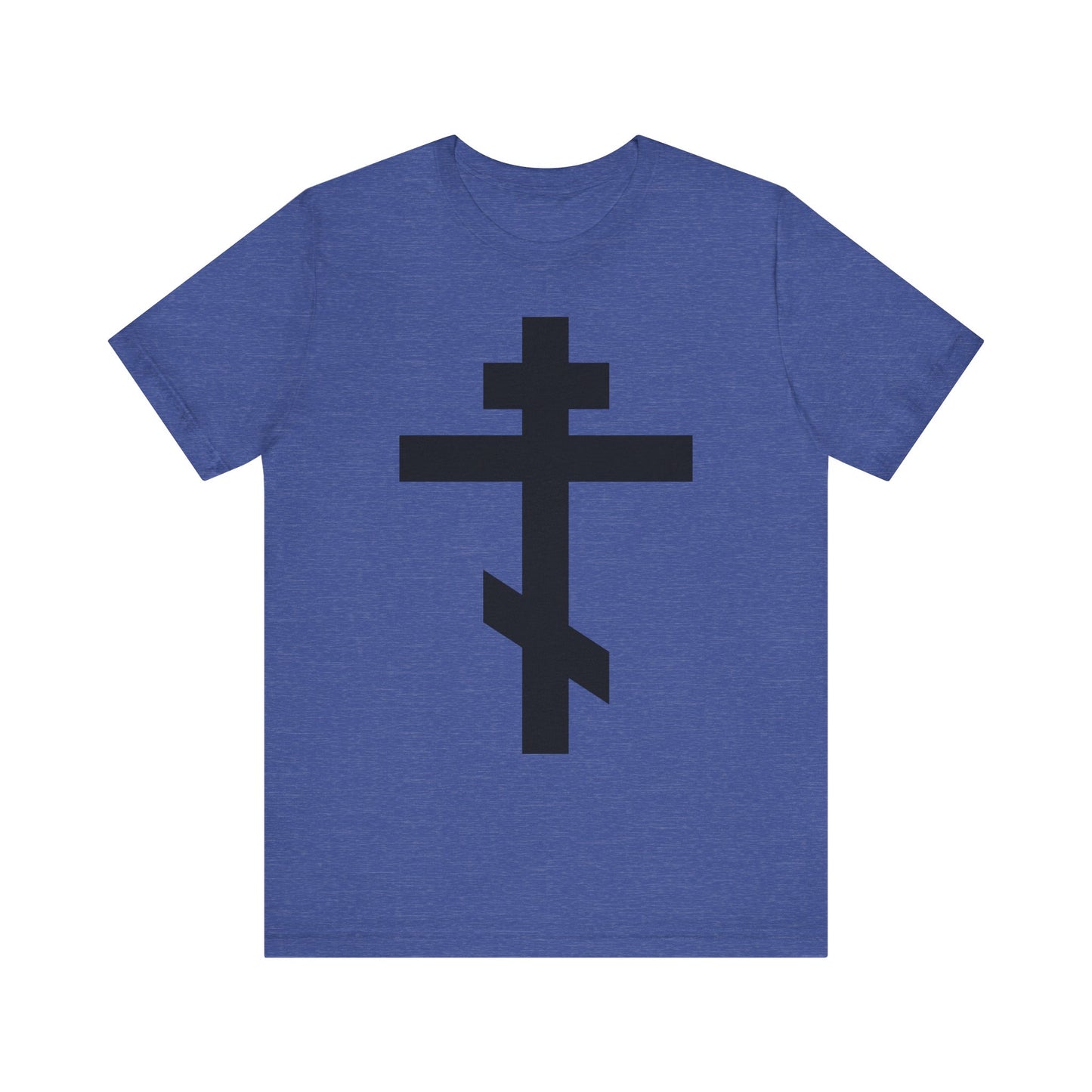 Heather True Royal tee featuring a large black Orthodox cross and "He bore our sins on the cross so that we might die to sin & live to righteousness." Lightweight cotton unisex style.