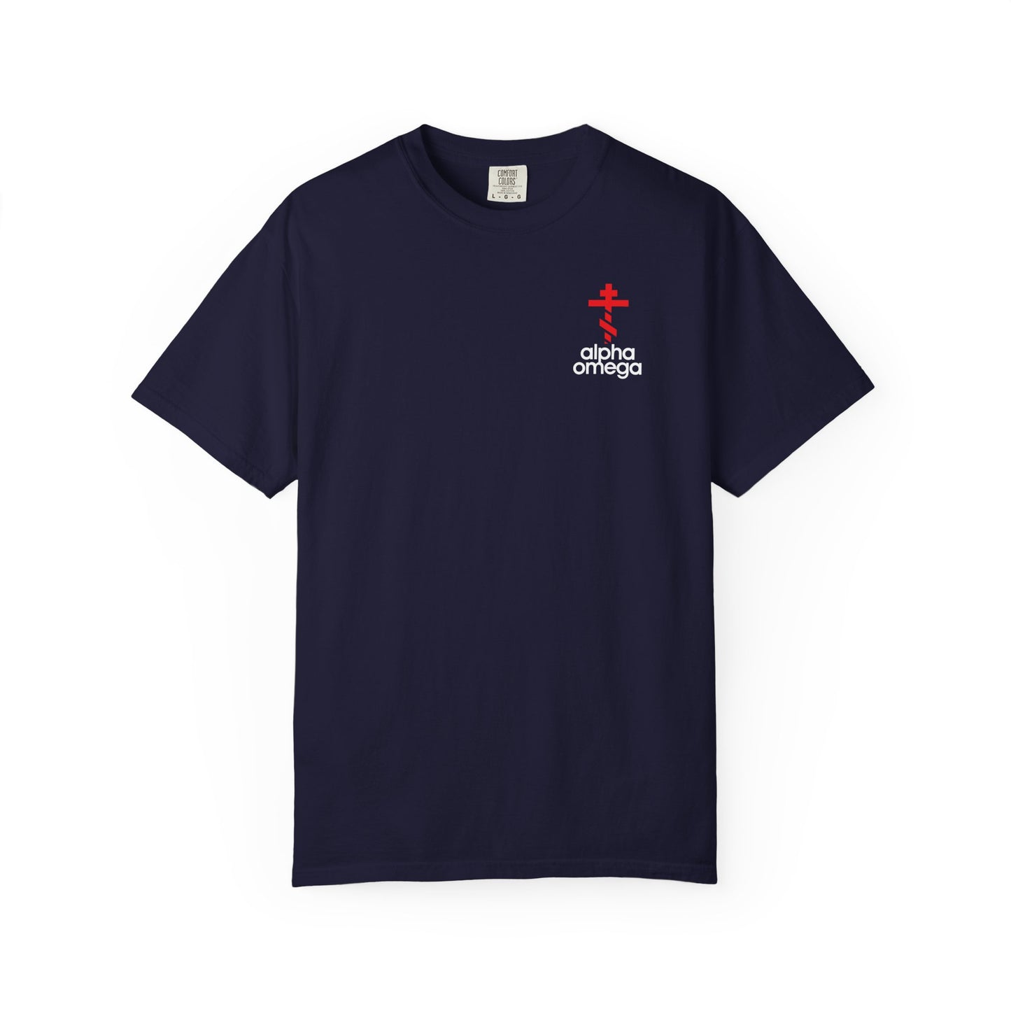 Alpha & Omega Red Orthodox Cross (Small Design) | Minimalist Adidas Inspired Logo Mashup | Christian Heavyweight Cotton Unisex Tee
