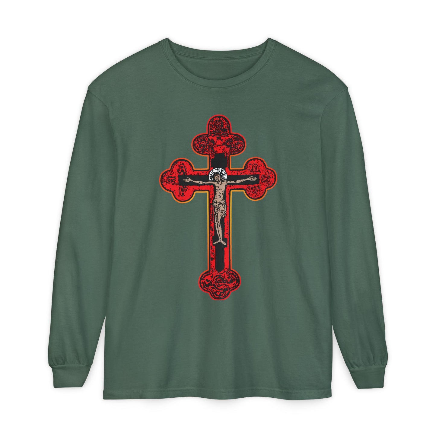 Blue Spruce long-sleeve shirt featuring a large Byzantine Golgotha Cross with red Orthodox Christian crucifix, Alpha & Omega symbols, and "I Am Crucified With Christ"—inspired by faith and healing.