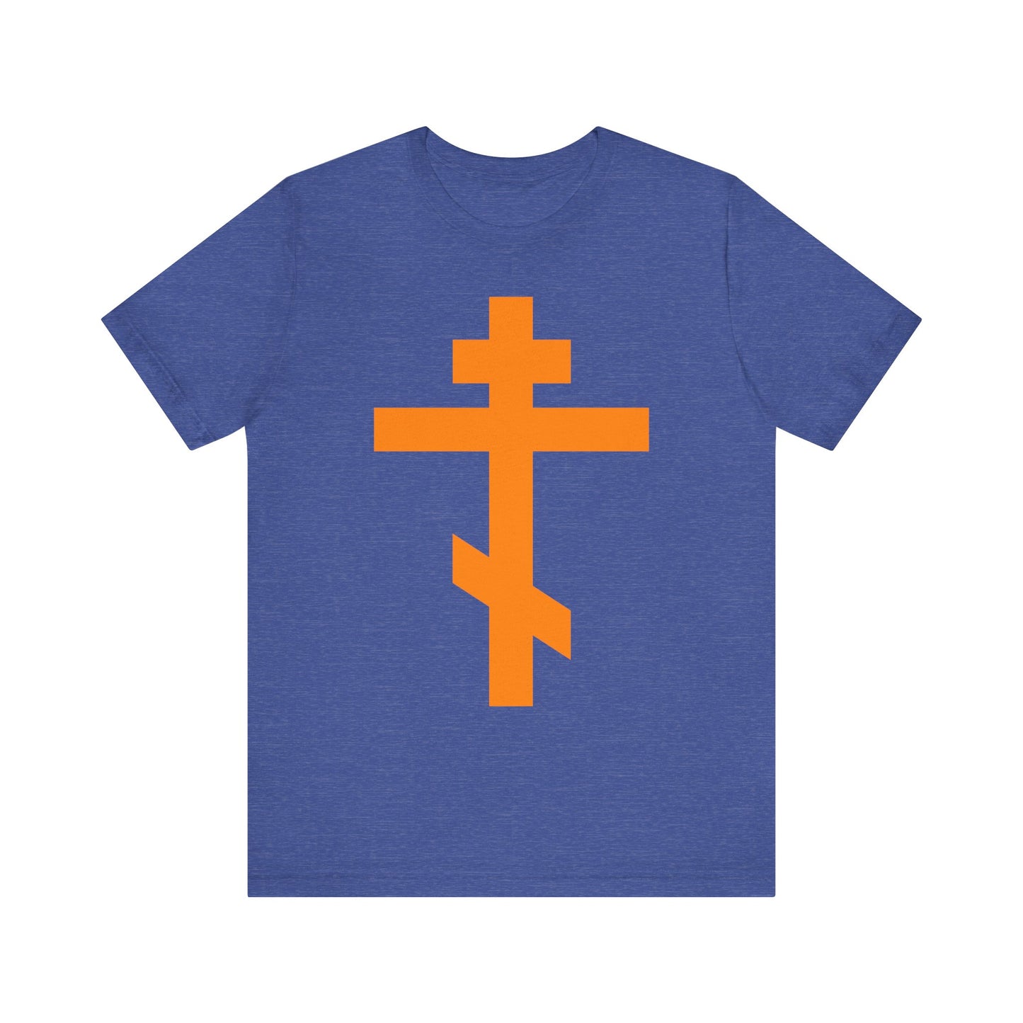 Heather True Royal tee featuring a bold orange Orthodox tribar cross on the front, inspired by the spirit of St. John of Kronstadt and the reverence expressed in the Troparion: "Preserve Thy People By Thy Cross, O Lord.