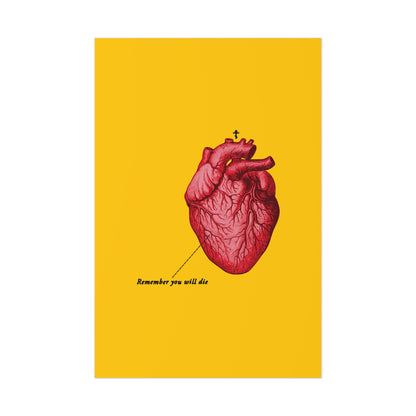 The "Remember You Will Die" Christian art poster features a retro medical heart design with an Orthodox cross, inspired by memento mori and St John, and includes the message "It's Later Than You Think" on a bold yellow background.