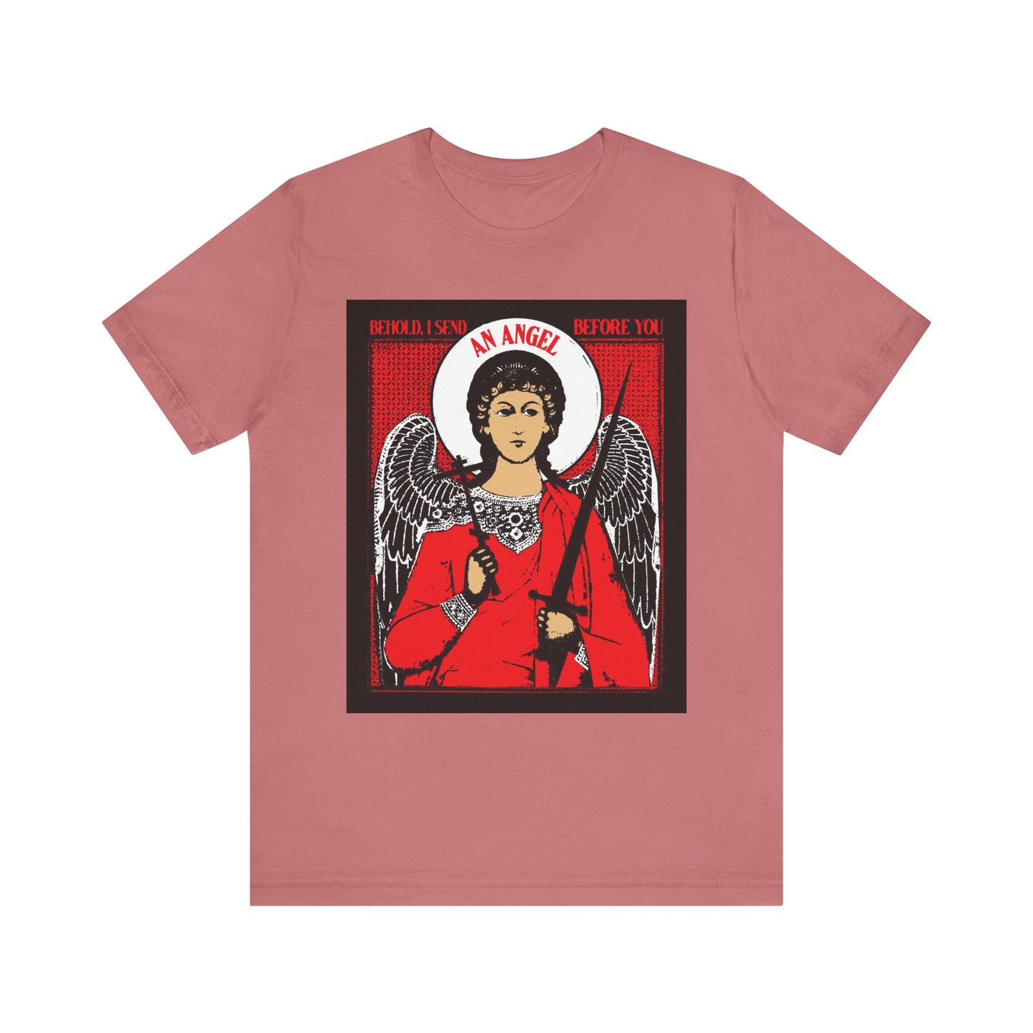 Mauve "Behold I Send an Angel Before You (Ex 23:20)" tee featuring a guardian angel with cross and sword iconographic design; Orthodox, lightweight cotton unisex shirt inspired by angelic protection.
