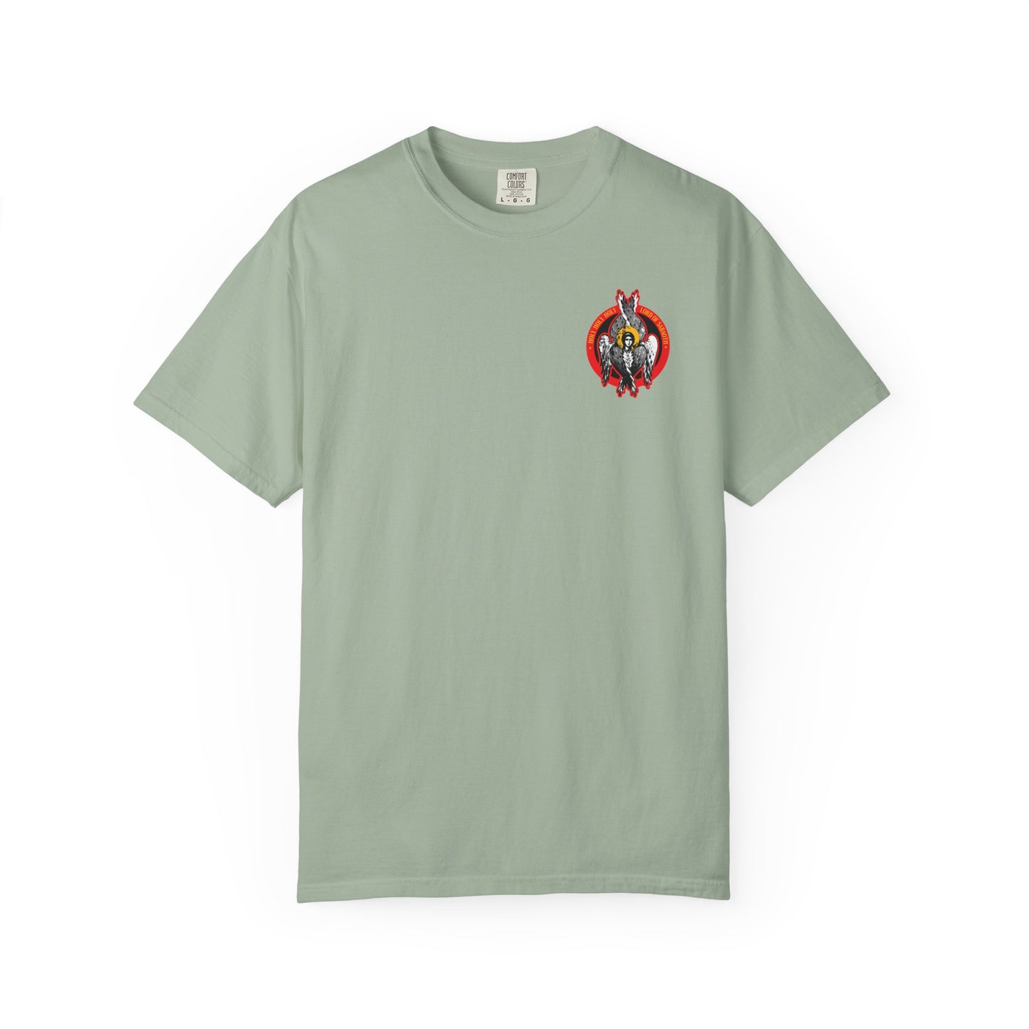 Bay-colored heavyweight cotton unisex tee featuring a small, colorful Seraphim Angel iconographic design inspired by the Divine Council and spiritual purity, referencing St John of Kronstadt.