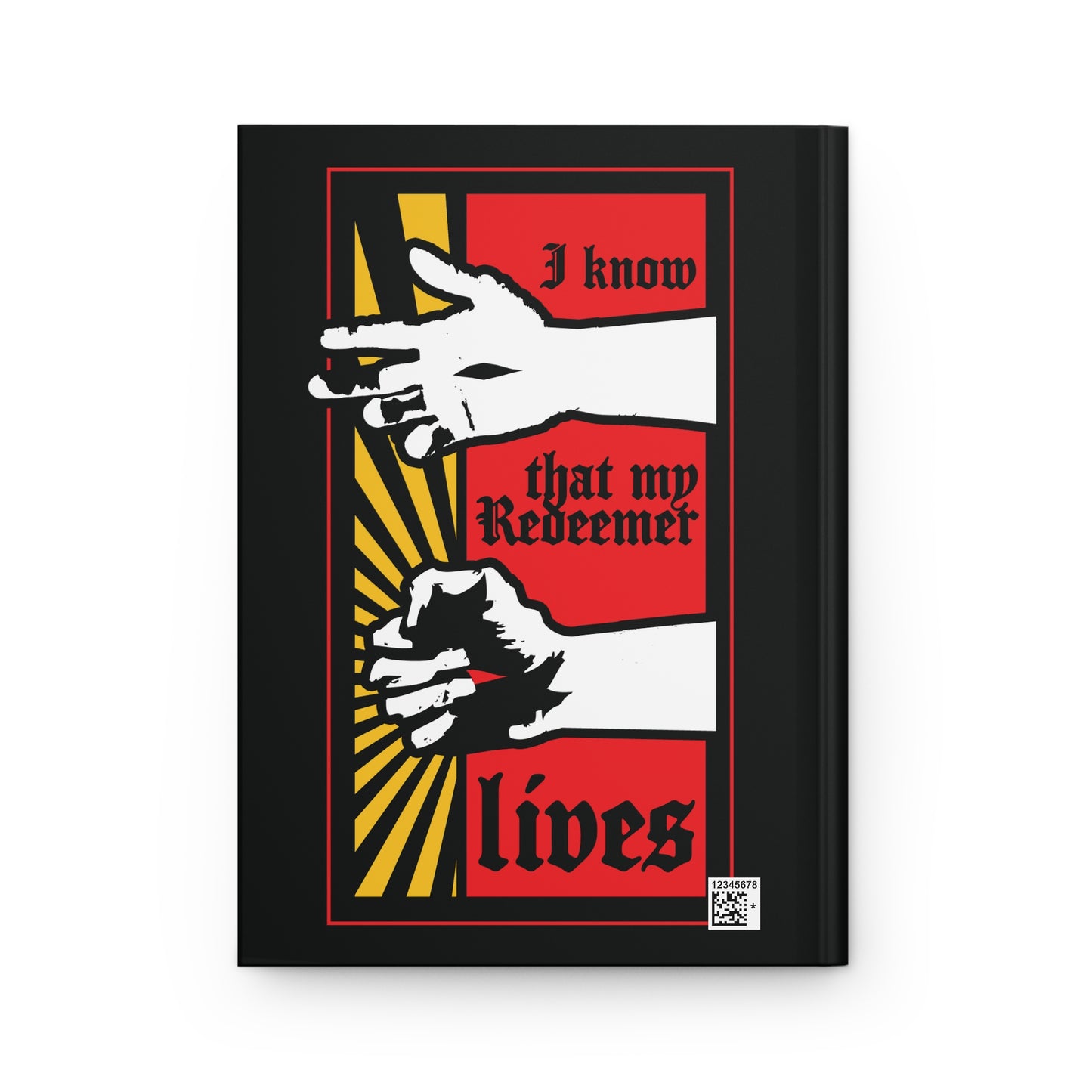 A red, black, and yellow cover features a comic book style design: Resurrected Jesus’ fist with divine power and bold text, “I Know That My Redeemer Lives” (Job 19:25), on this Orthodox Christian blank journal.