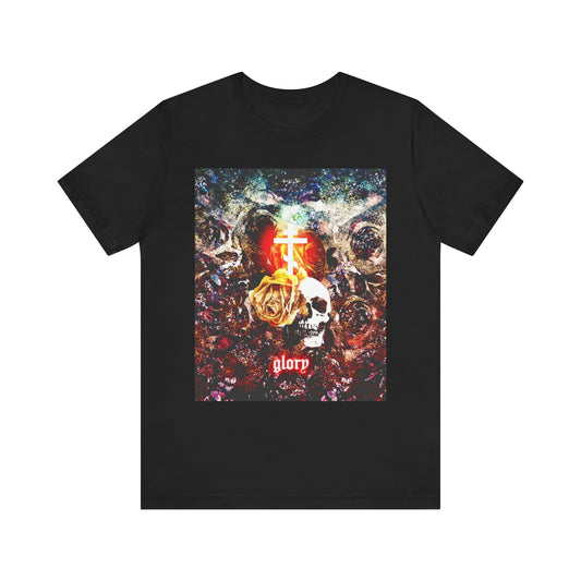 Now the Son of Man is Glorified (John 13:31) | Skull and Floral Glowing Cross Design | Orthodox Christian Lightweight Cotton Unisex Tee