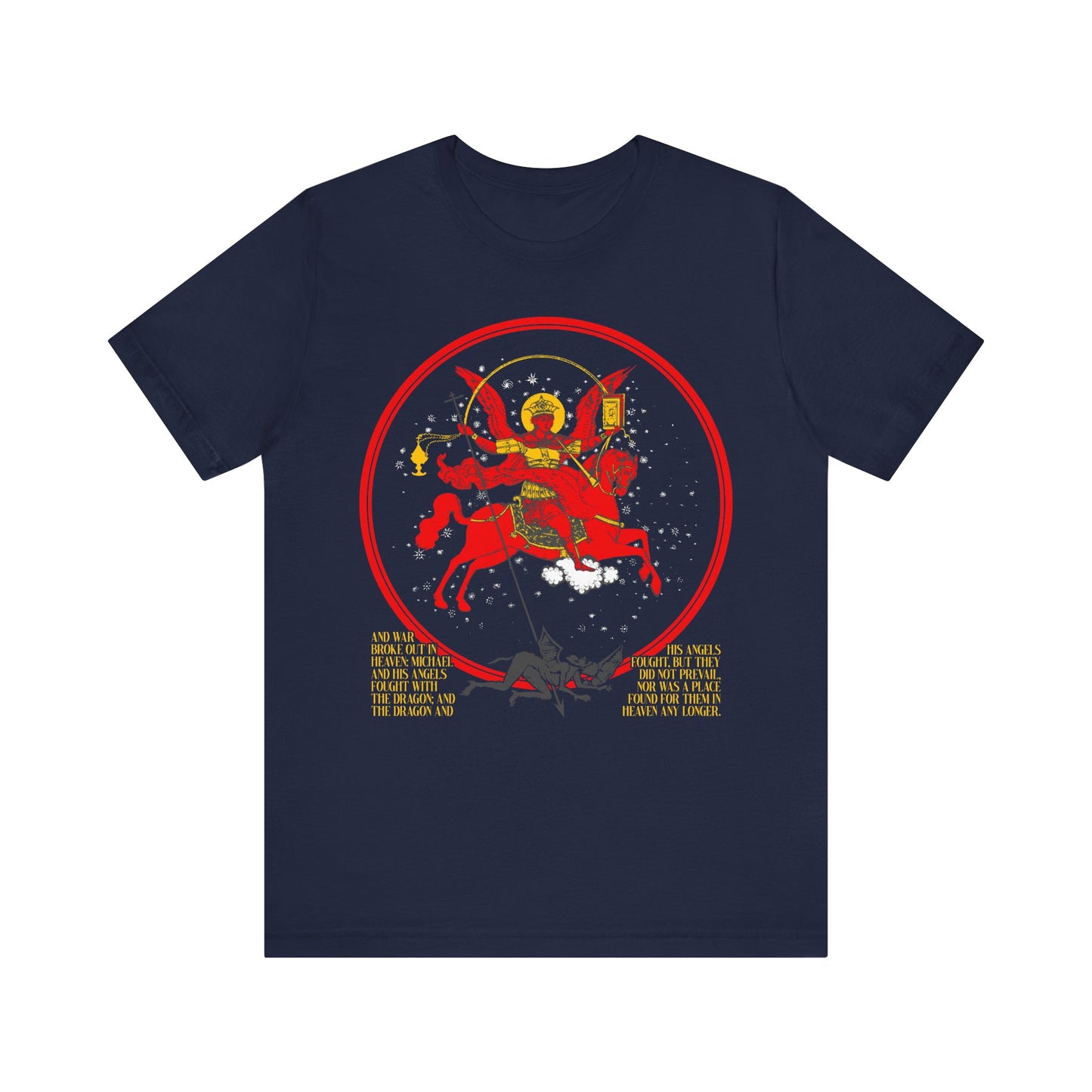 Archangel Michael of the Apocalypse Icono-Graphic | War in Heaven (Rev 12:7-9) | Satan Cast Out | Orthodox Christian Cotton T-Shirt