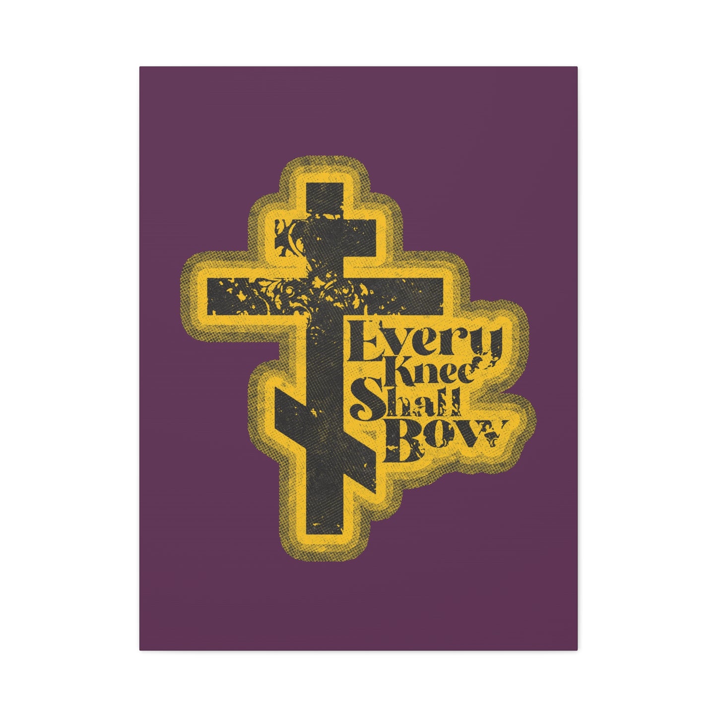 A black and yellow cross with floral accents and "Every knee shall bow" (Philippians 2:10-11, Isaiah 45:23) in a 70s distressed halftone comic book style on purple, from the Every Knee Shall Bow Christian Wall Art collection.
