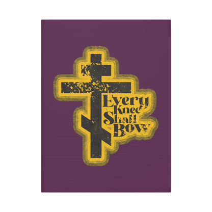 A black and yellow cross with floral accents and "Every knee shall bow" (Philippians 2:10-11, Isaiah 45:23) in a 70s distressed halftone comic book style on purple, from the Every Knee Shall Bow Christian Wall Art collection.