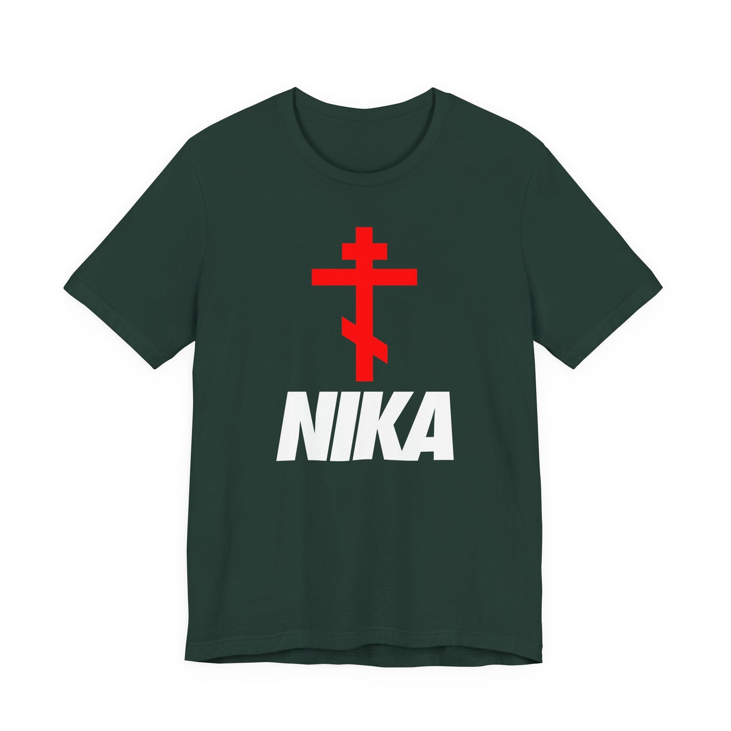 Forest green t-shirt with a minimalist Orthodox cross and bold white NIKA text, inspired by traditional iconography and modern Nike logo mashup. Athletic ascetic fashion expressing “Jesus Christ Conquers.”.