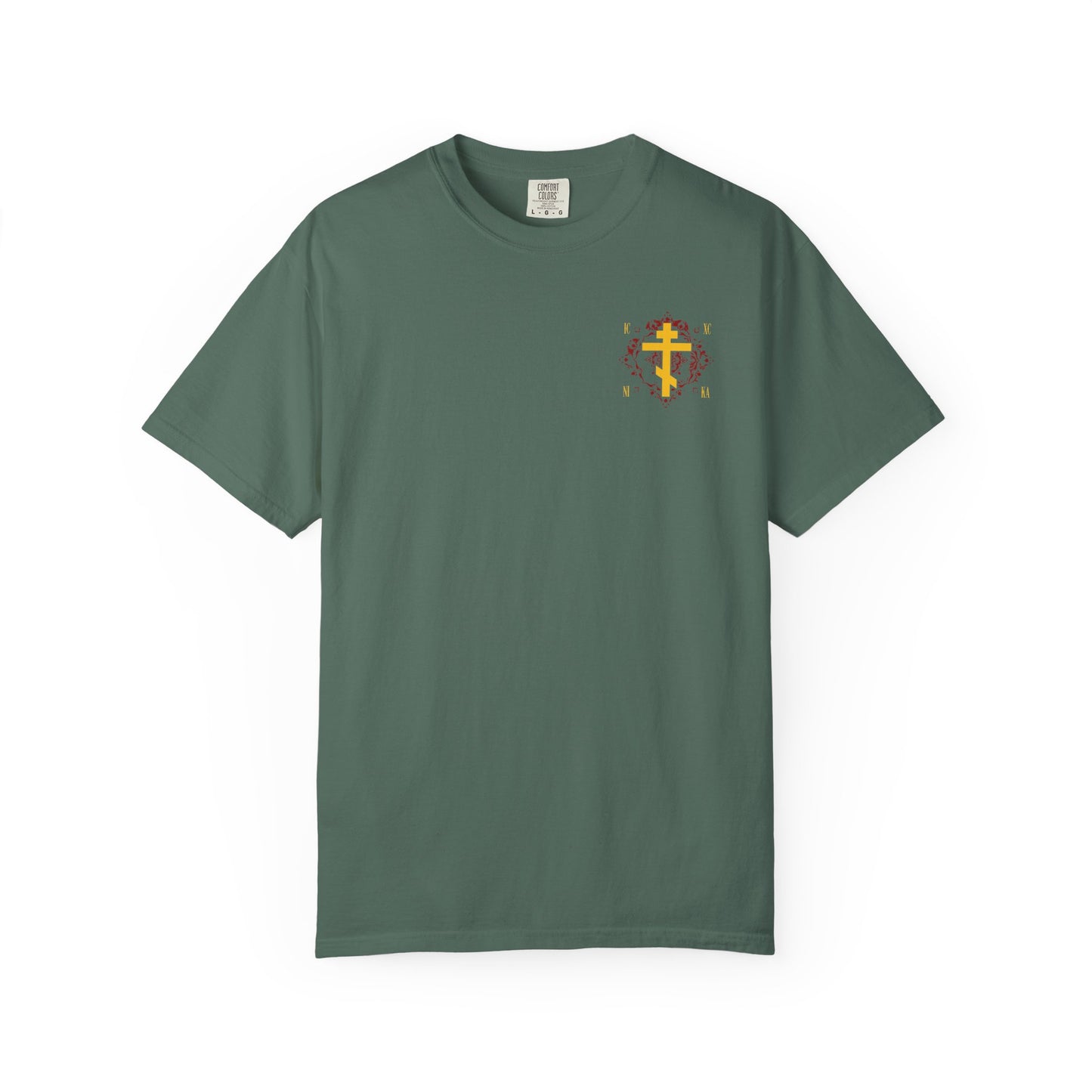 Blue Spruce heavyweight cotton unisex t-shirt featuring a small ICXC NIKA yellow Orthodox cross on an ornate red background, inspired by Christ Conquers.