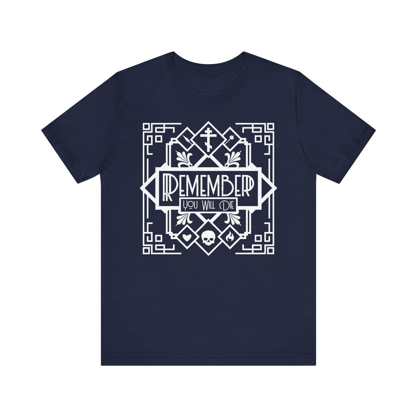 Navy unisex t-shirt featuring the "Remember You Will Die" Art Deco black and white line art design with skull, heart, and fire—memento mori style on lightweight cotton.