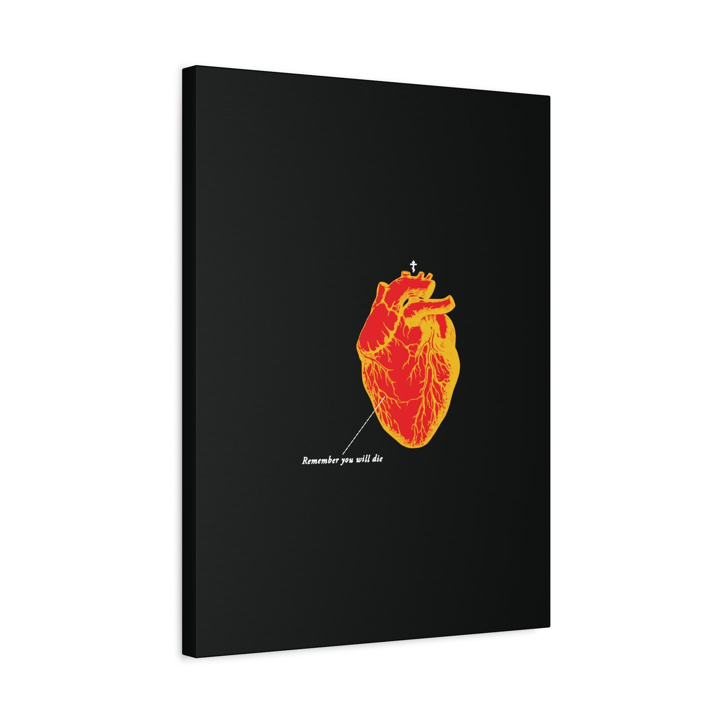 The "Remember You Will Die Retro Medical Textbook Heart Design" canvas features an inverted red & orange anatomical heart with memento mori text, blending Orthodox Christian themes and vintage medical art for a striking wall piece.