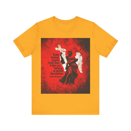 Gold "Little Divides Angels from Men" Orthodox Christian t-shirt featuring a textured cemetery angel and St John Chrysostom's quote on holiness, displayed over a red background graphic on the front.
