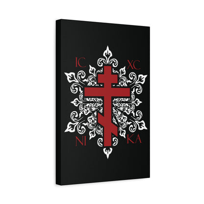 ICXC / NIKA Red Orthodox Cross on Ornate White Medieval Floral Design | Exclusive Best-Selling | Orthodox Christian Canvas Art