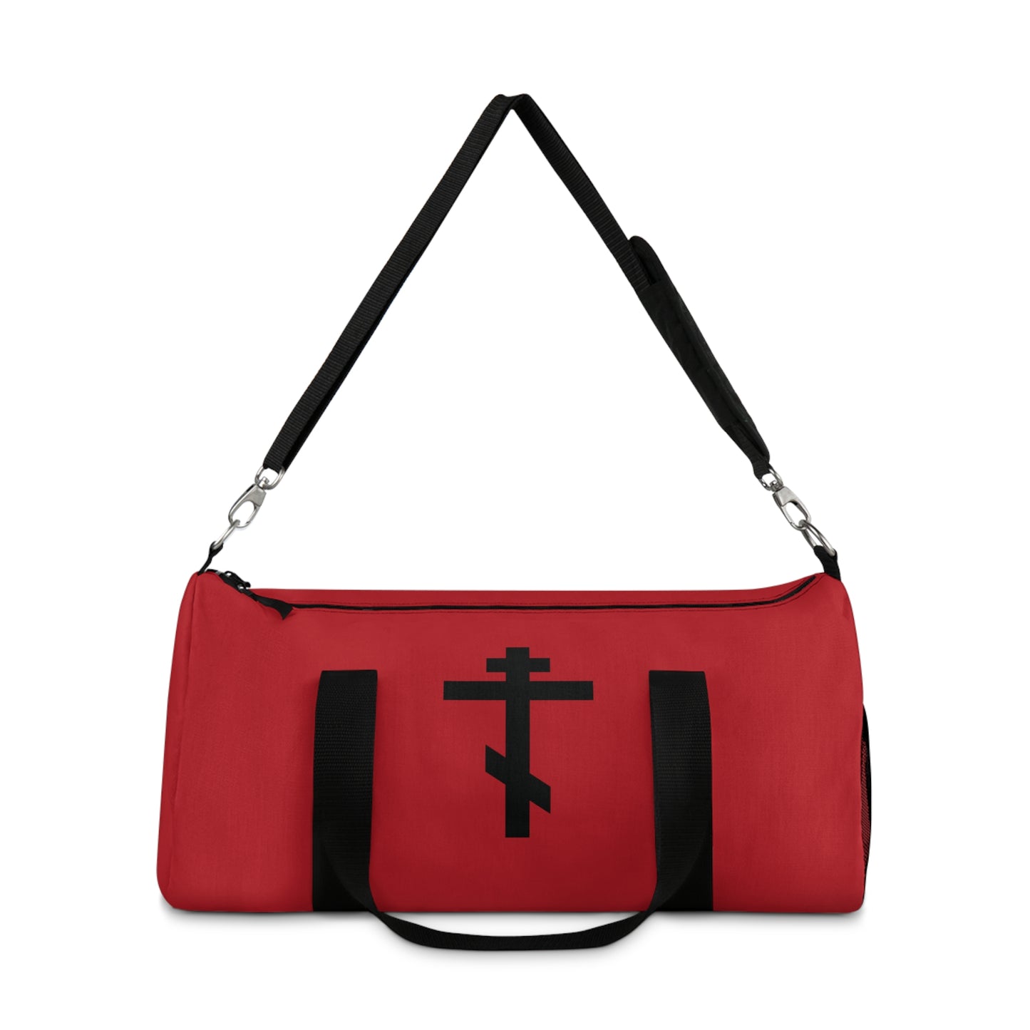Black Orthodox Cross on Red Background | By His wounds you have been healed | Orthodox Christian Gym Duffel Bag