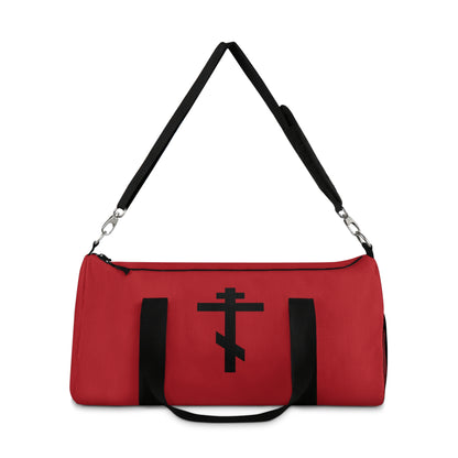 Black Orthodox Cross on Red Background | By His wounds you have been healed | Orthodox Christian Gym Duffel Bag