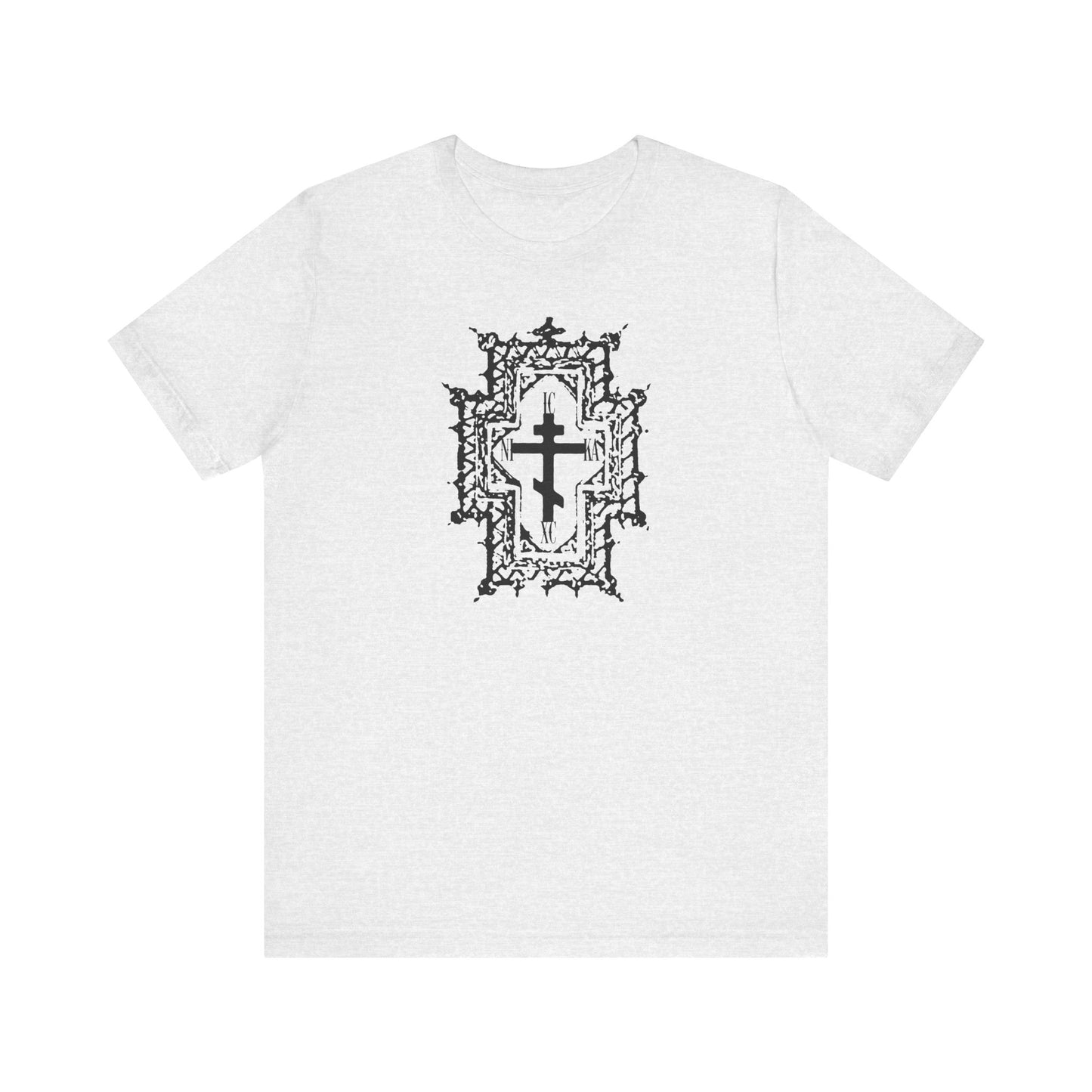 Ash t-shirt featuring a Gothic cathedral-style Orthodox cross with ornate patterns, symbolizing "Healed By His Wounds." ICXC NIKA: Jesus Christ Conquers. Lightweight unisex cotton tee.