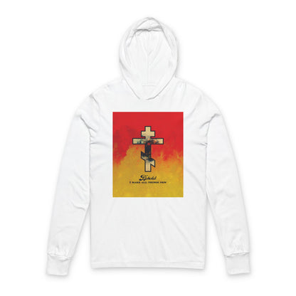 Behold, I Make All Things New (Revelation 21:5) | Cosmic Orthodox Cross on Red and Yellow Background | Orthodox Long Sleeve Hooded Shirt