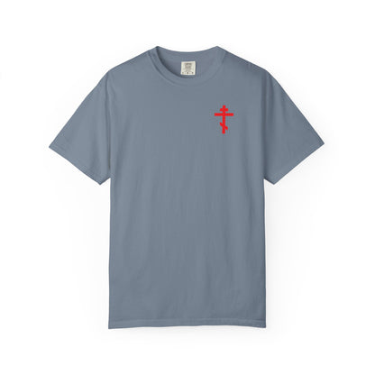 Blue Jean heavyweight cotton unisex tee with a small red Orthodox cross graphic on the front left chest, symbolizing the Resurrection, and featuring "O Death Where is Thy Victory?" yellow text with a cross stabbing skull graphic on the back, displayed on a white background.
