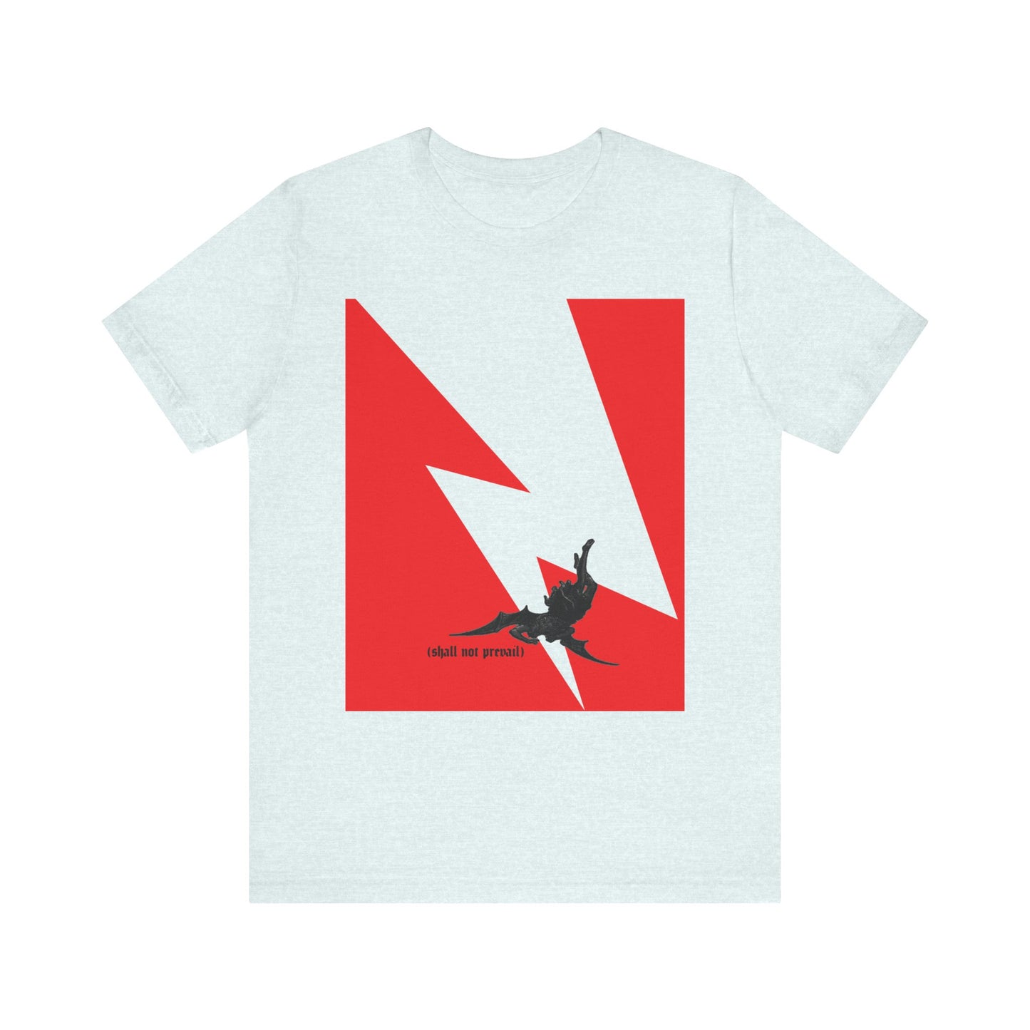 Heather Ice Blue unisex cotton tee featuring a minimalist red lightning bolt and falling figure, inspired by Luke 10:18 and referencing Satan’s fall from heaven; includes the phrase “shall not prevail,” echoing Bible verses about the defeat of pride.