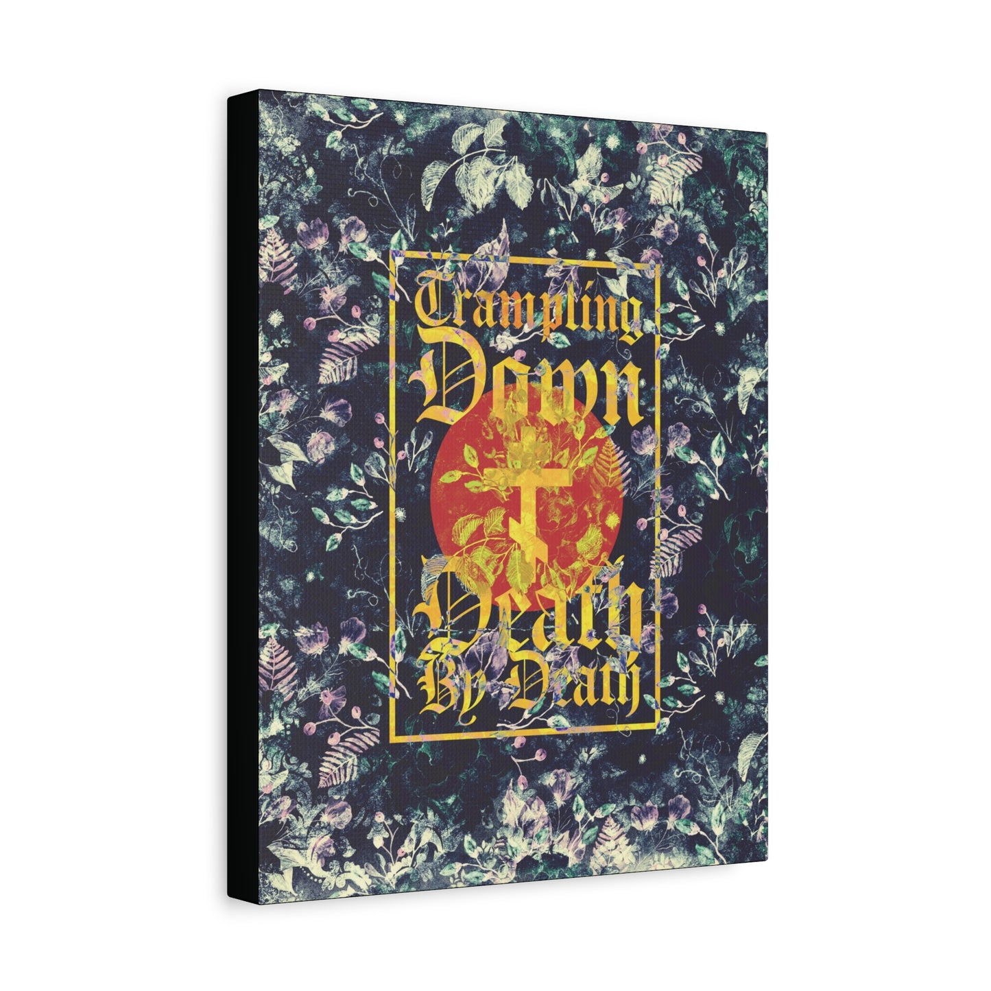 Trampling Down Death By Death | Paschal Floral Design with Gothic Script and Three-Bar Cross | Orthodox Christian Canvas Art