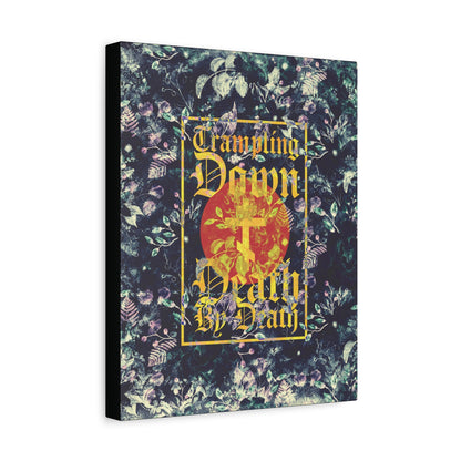 Trampling Down Death By Death | Paschal Floral Design with Gothic Script and Three-Bar Cross | Orthodox Christian Canvas Art