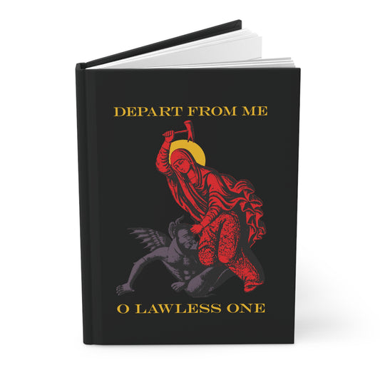 A hardcover journal titled "St Marina IconoGraphic (Depart from Me O Lawless One)" features Saint Marina beating the devil with a hammer, inspired by her life—a bestselling Orthodox Christian accessory.