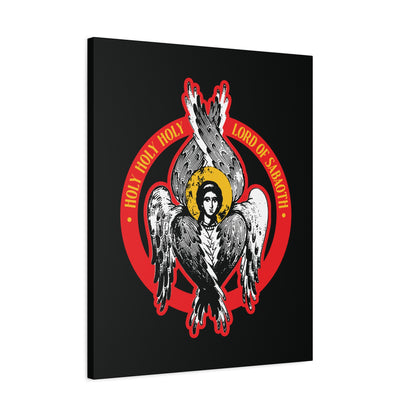 Orthodox Seraphim Angel IconoGraphic wall art inspired by Isaiah 6, features a six-winged seraph with halo and "Holy Holy Holy, Lord of Sabaoth" text on a black background. Christian decor from the Unseen Realm collection.