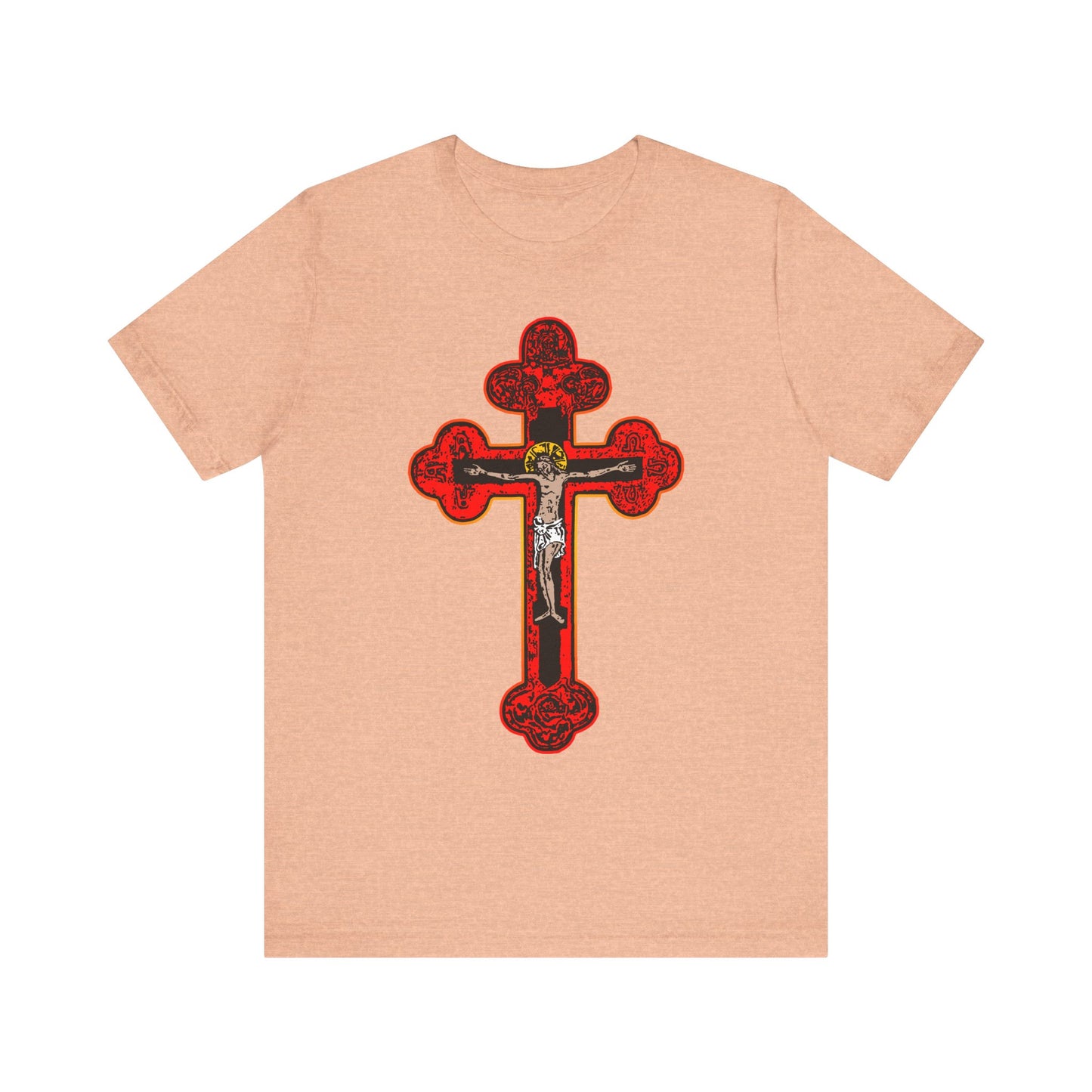 Heather peach unisex tee featuring a bold red Orthodox Christian crucifix in Byzantine Golgotha style, adorned with gold and silver details on the front—a powerful reminder of Isaiah 53:3-5 and the promise for all who are crucified with Christ.