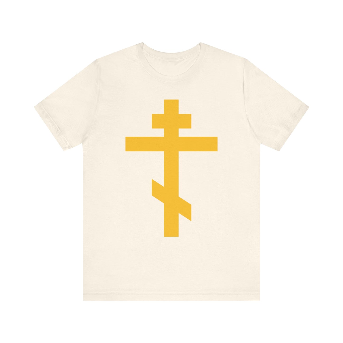 Yellow Orthodox Cross | Precious and Life-Giving Weapon of Unseen Warfare | Scourge of Demons | Christian Lightweight Cotton Unisex Tee—a beige t-shirt featuring a bold yellow Eastern Orthodox cross design inspired by Galatians 2:20, perfect for Christian meditation or as a daily reminder that we are crucified with Christ.