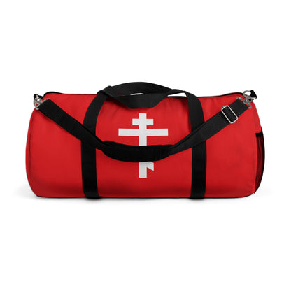 Red gym duffel bag featuring a white Orthodox cross on a red background and the quote “May I never boast, except in the cross of our Lord Jesus Christ” (Gal 6:14); perfect for Orthodox Christians.