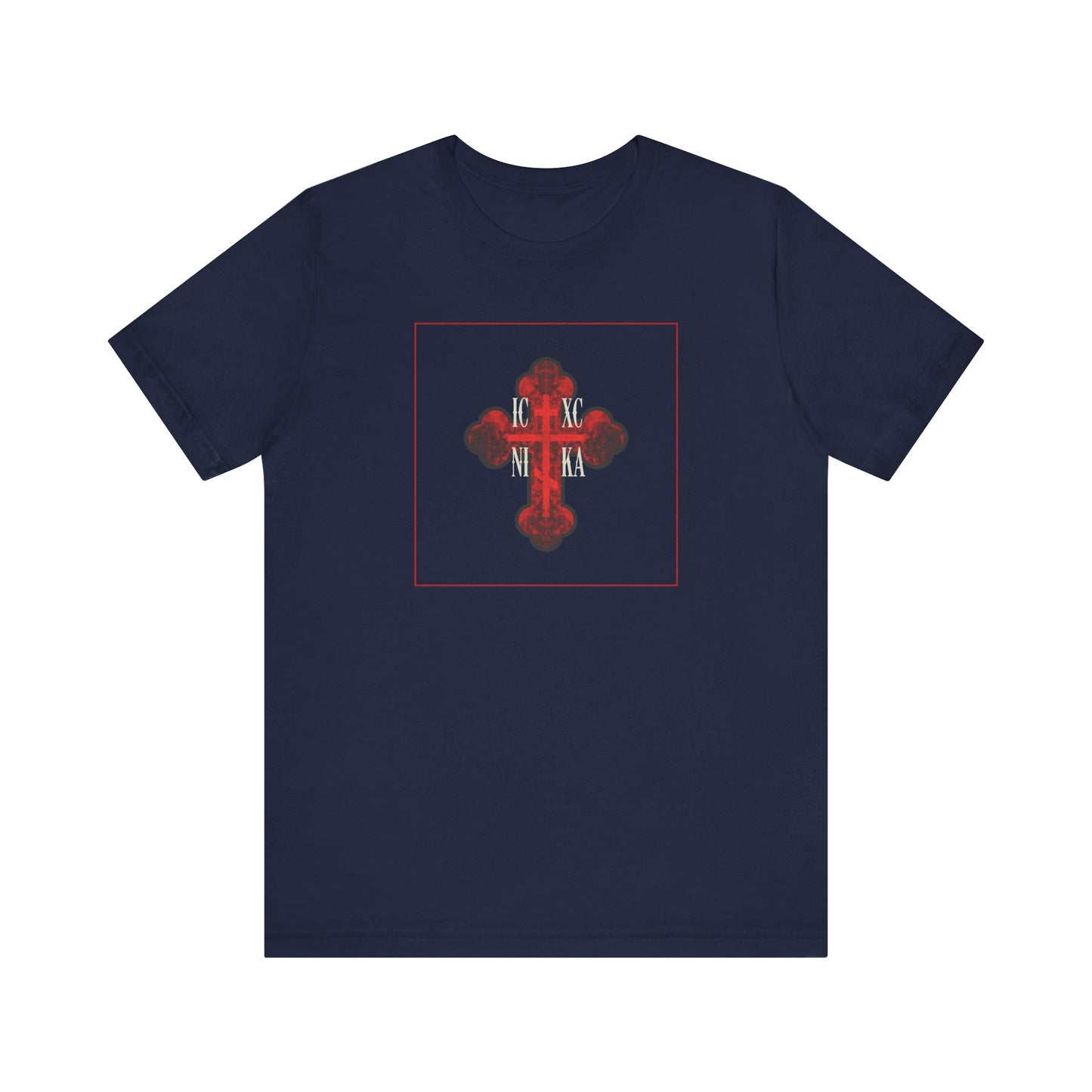 Navy ICXC NIKA Red Glowing Ornate Textured Orthodox Cross tee—lightweight cotton unisex shirt featuring a radiant red cross, the symbol of salvation, at the center.