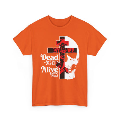 The "Dead to this World" Christian Goth T-shirt features a cross, red roses, skull, and 70s typography—symbolizing spiritual renunciation and the Ladder of Divine Ascent. Heavy cotton design; bestselling Orthodox Christian apparel.