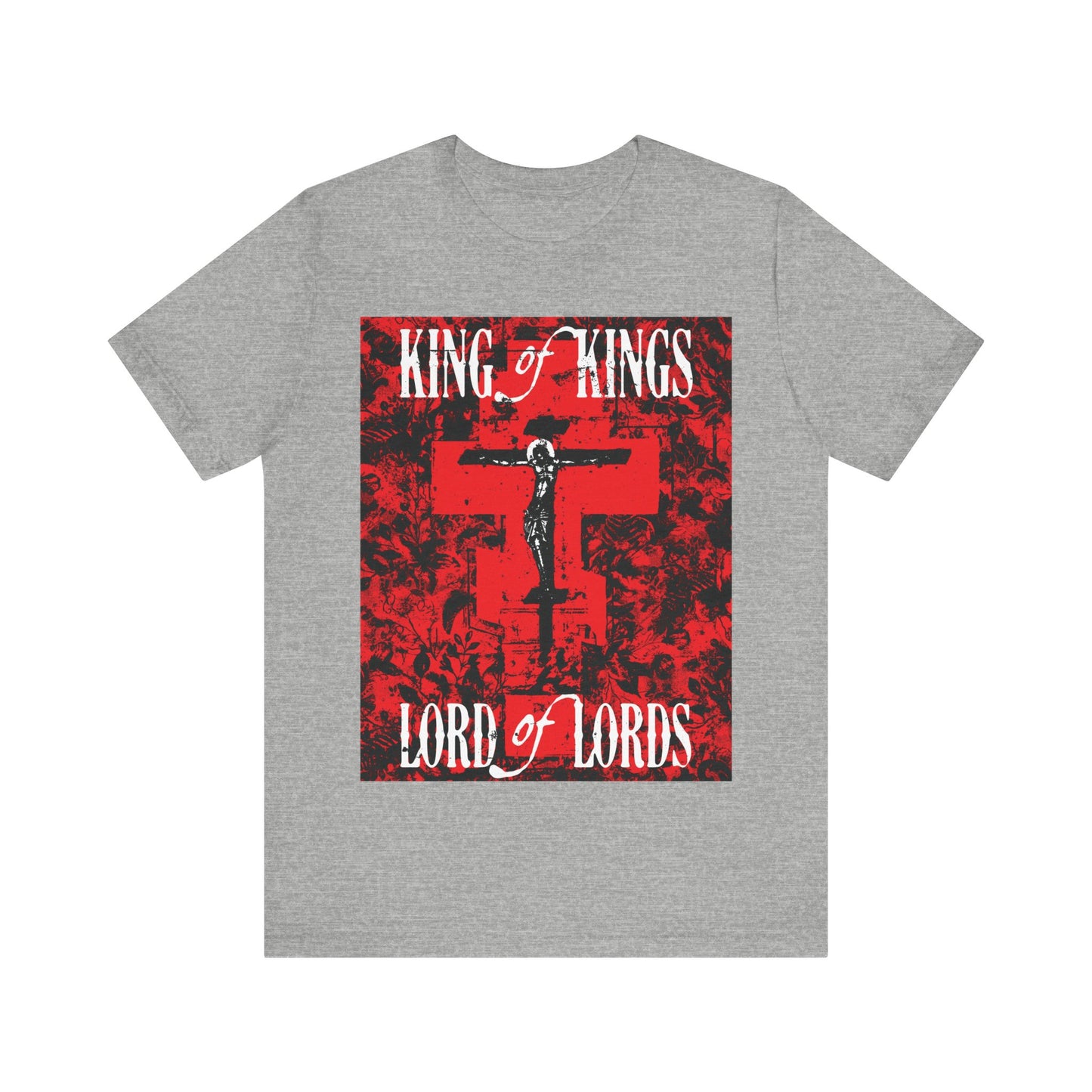 King of Kings, Lord of Lords | Christ Crucified Icono-Graphic | Red Cross Nature Texture w/ White Text | Christian Cotton T-Shirt