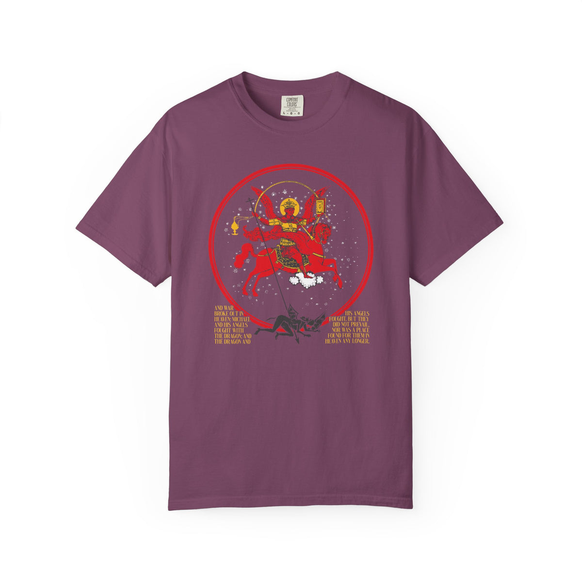 Berry T-shirt featuring a vibrant, double-sided print inspired by the Miracle of Archangel Michael and Revelation 12, with iconographic artwork depicting Archangel Michael of the Apocalypse slaying a dragon, surrounded by stars and accented with gold text that reads “Death is Swallowed Up In Victory.”.