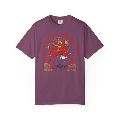 Berry T-shirt featuring a vibrant, double-sided print inspired by the Miracle of Archangel Michael and Revelation 12, with iconographic artwork depicting Archangel Michael of the Apocalypse slaying a dragon, surrounded by stars and accented with gold text that reads “Death is Swallowed Up In Victory.”.