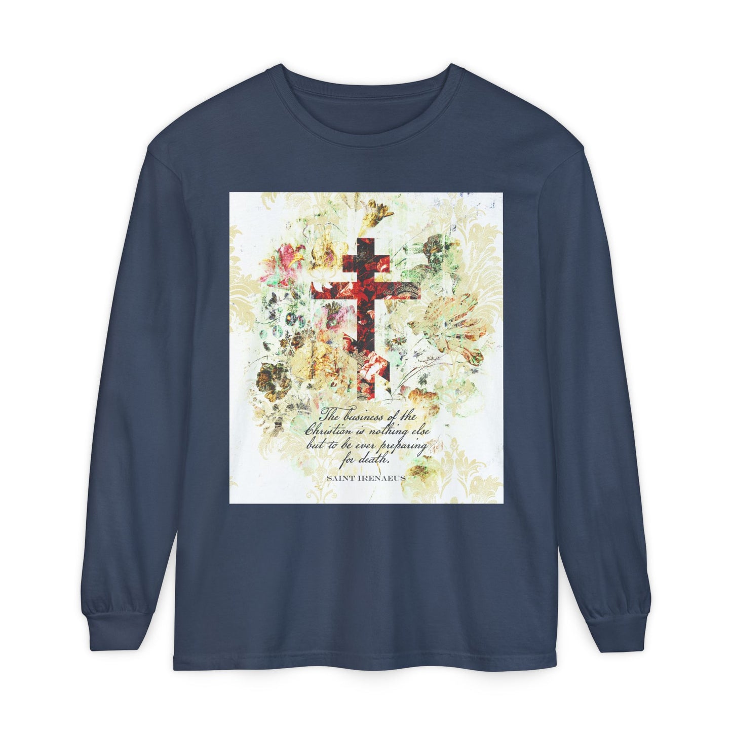 Preparing For Death | White & Beige Floral Scrapbook Texture Cross | Arts & Crafts Style | St Irenaeus | Orthodox Christian Long Sleeve Shirt