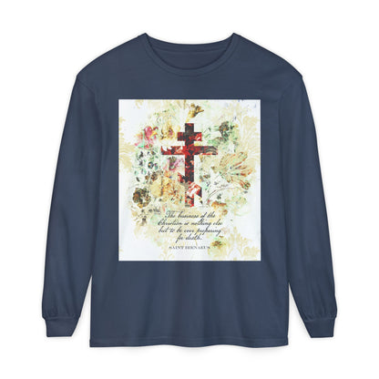 Preparing For Death | White & Beige Floral Scrapbook Texture Cross | Arts & Crafts Style | St Irenaeus | Orthodox Christian Long Sleeve Shirt