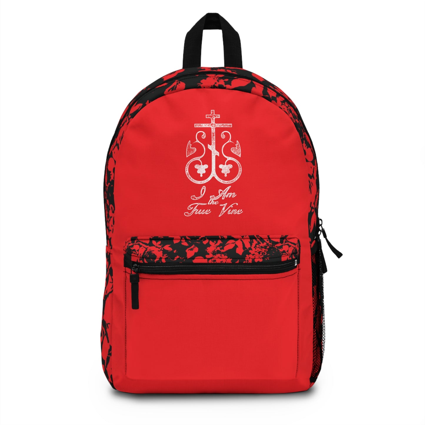 I Am the True Vine (John 15:1) | Orthodox Cross Vine Monogram | Red and Black Floral Design | Orthodox Christian Backpack